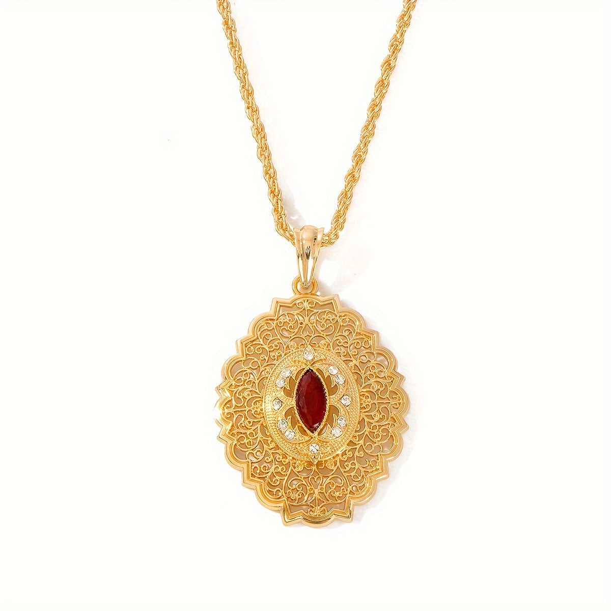Antique Tribal Pendant Necklace with Synthetic August Birthstone Resin Gold Plated Floral Hollow Design for Bridal and Everyday Wear