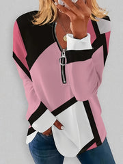 Plus Size Women's Colorblock Geometric Print Zipper Sweatshirt