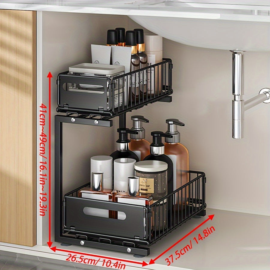 Black Metal Under Sink Organizer 2-Tier Pull-Out Shelf for Kitchen Bathroom Storage