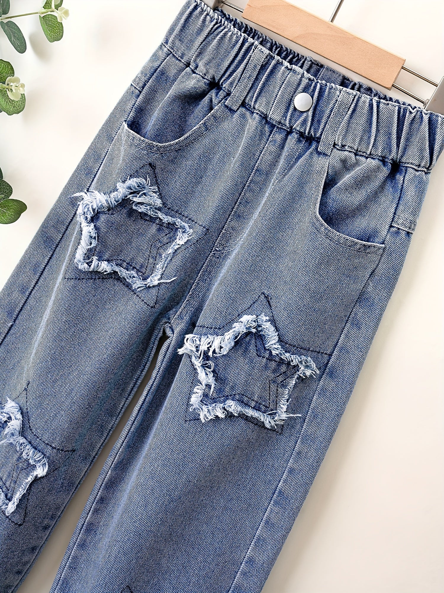 Girls' Straight Leg Denim Jeans with Star Patch, Elastic Waist, Relaxed Fit for Kids
