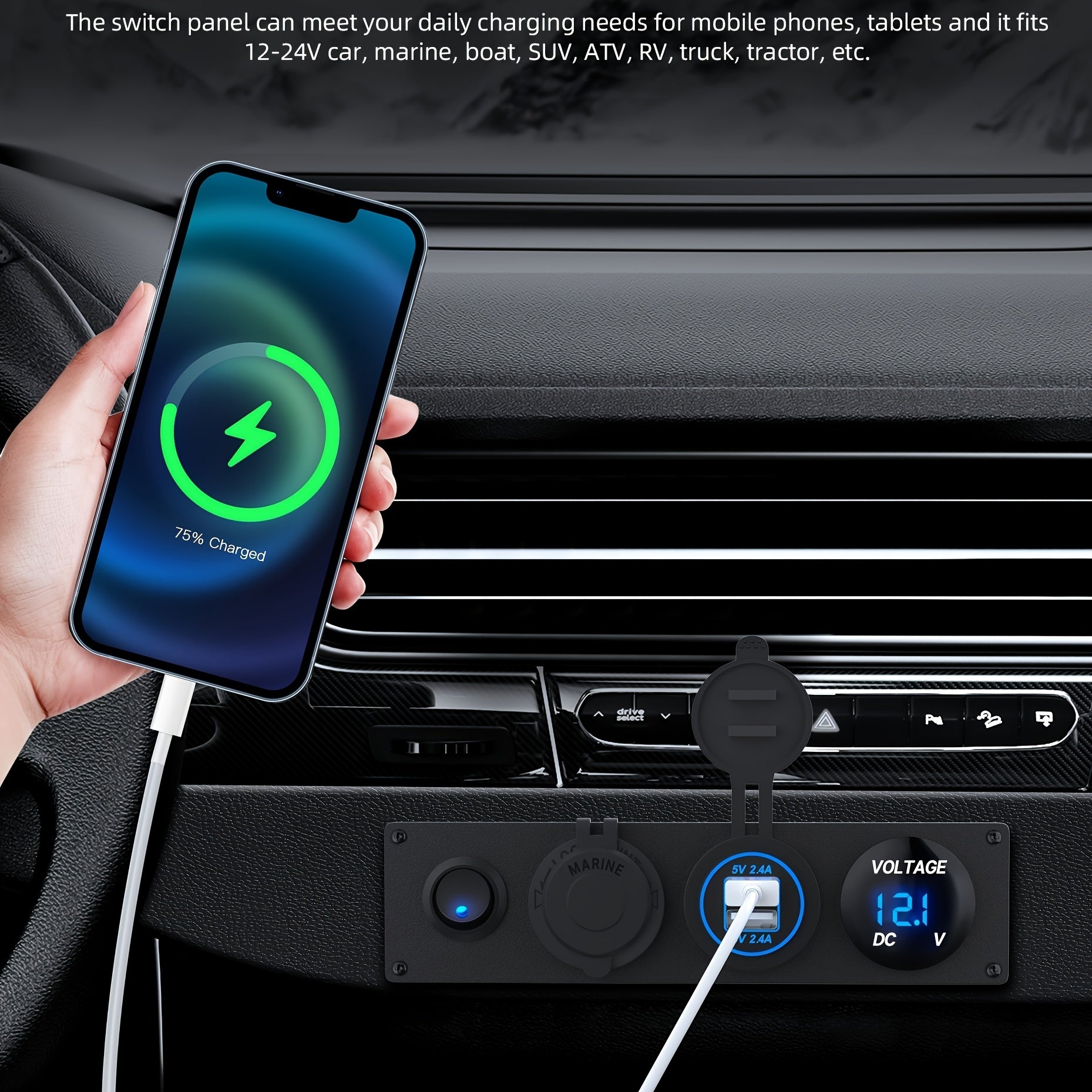 4-In-1 Aluminum Panel for Cars and RVs with Dual USB, LED Voltmeter