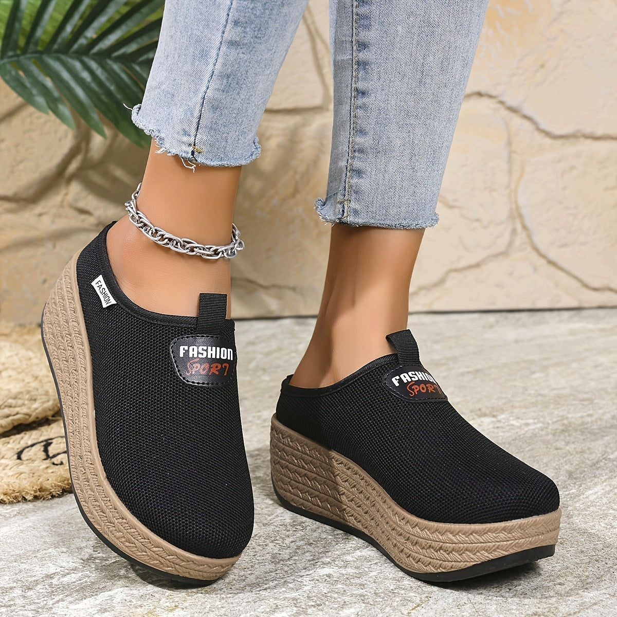 Women's Casual Thick Sole Slip-On Sneakers Black Fabric Upper TPR Sole