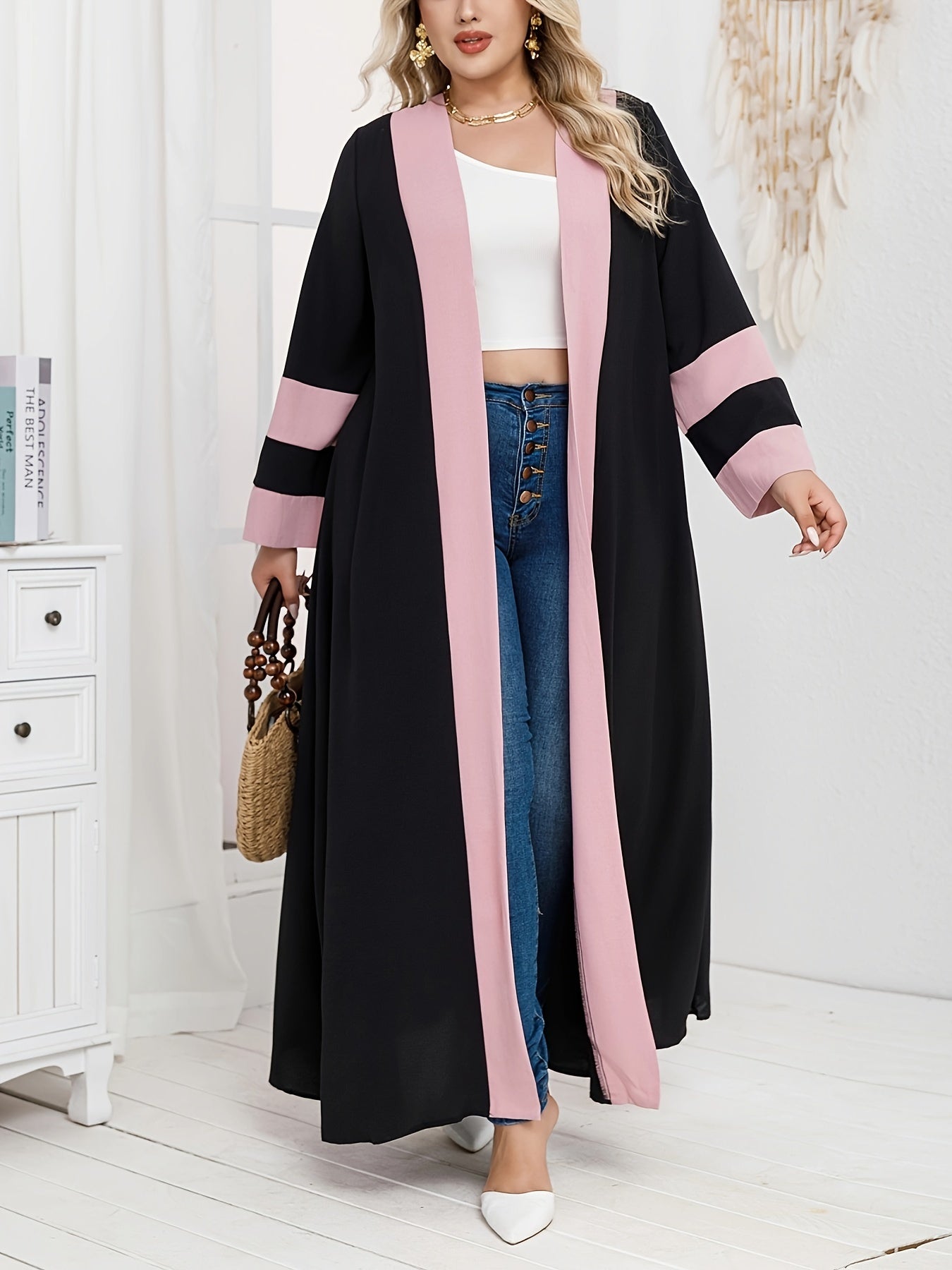 Plus size ayollar uchun kardigan ro‘ba kontrast patchwork mini kiyim