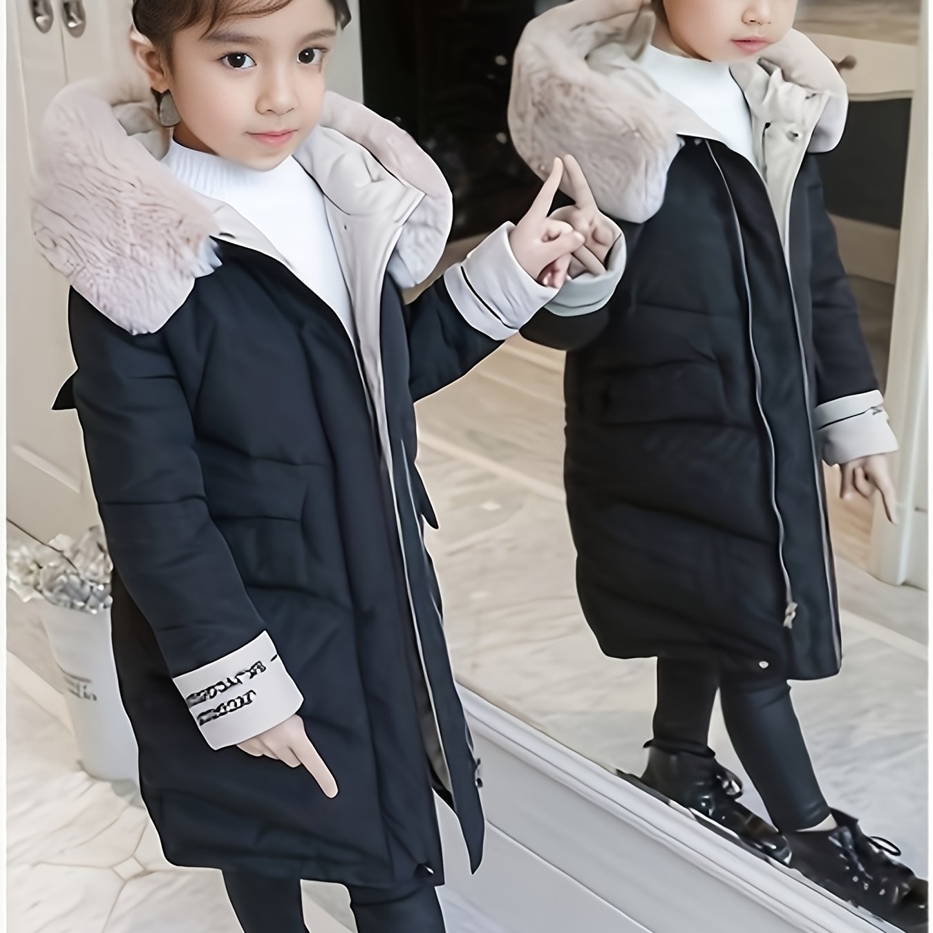 Girls Winter Coat with Faux Fur Hood Polyester Midi Casual Style