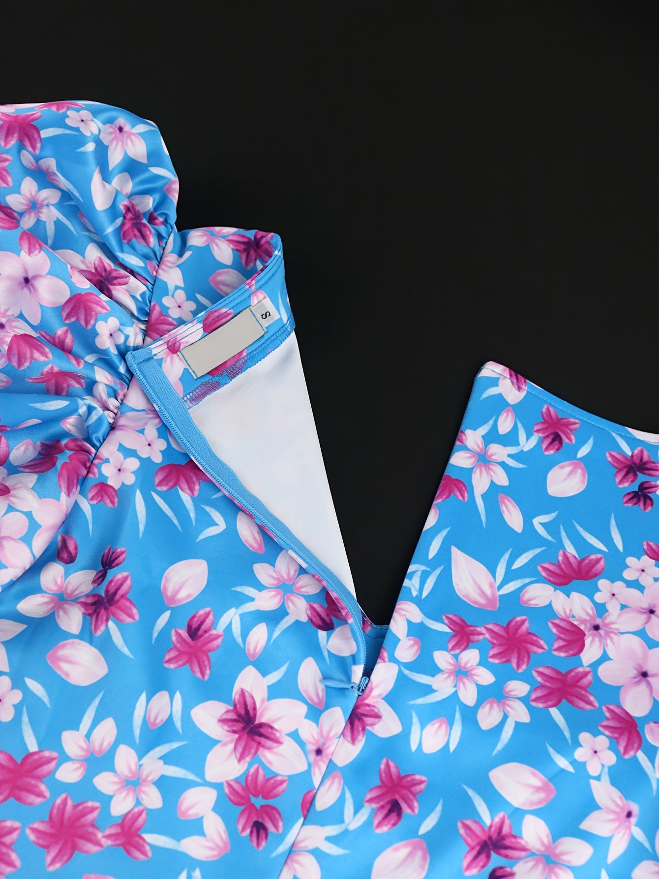 Women's Blue Floral Print Bodycon Dress with Puff Sleeves Square Neck