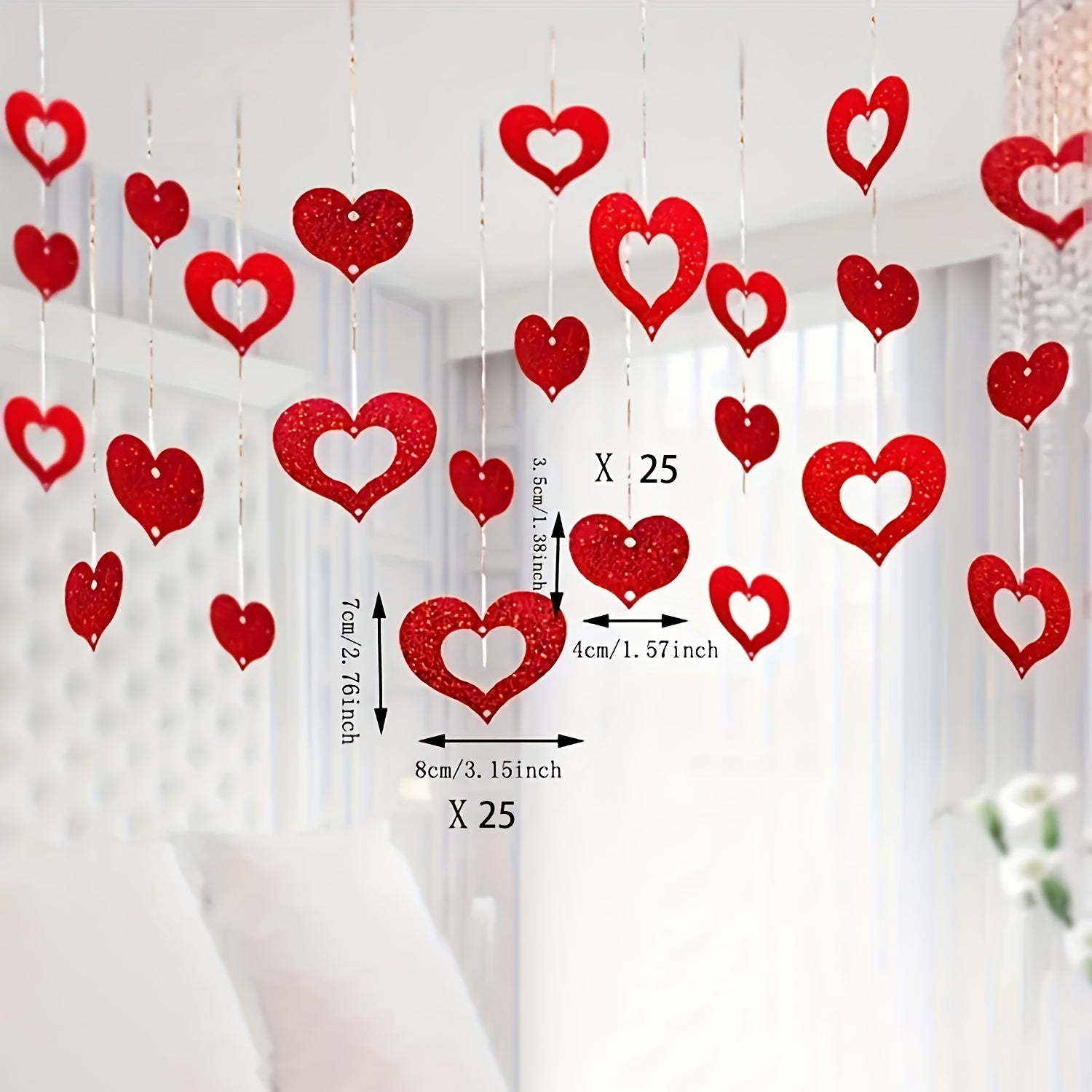Valentine's Day Hanging Heart Decorations Red Silk Strings for DIY Party Decor