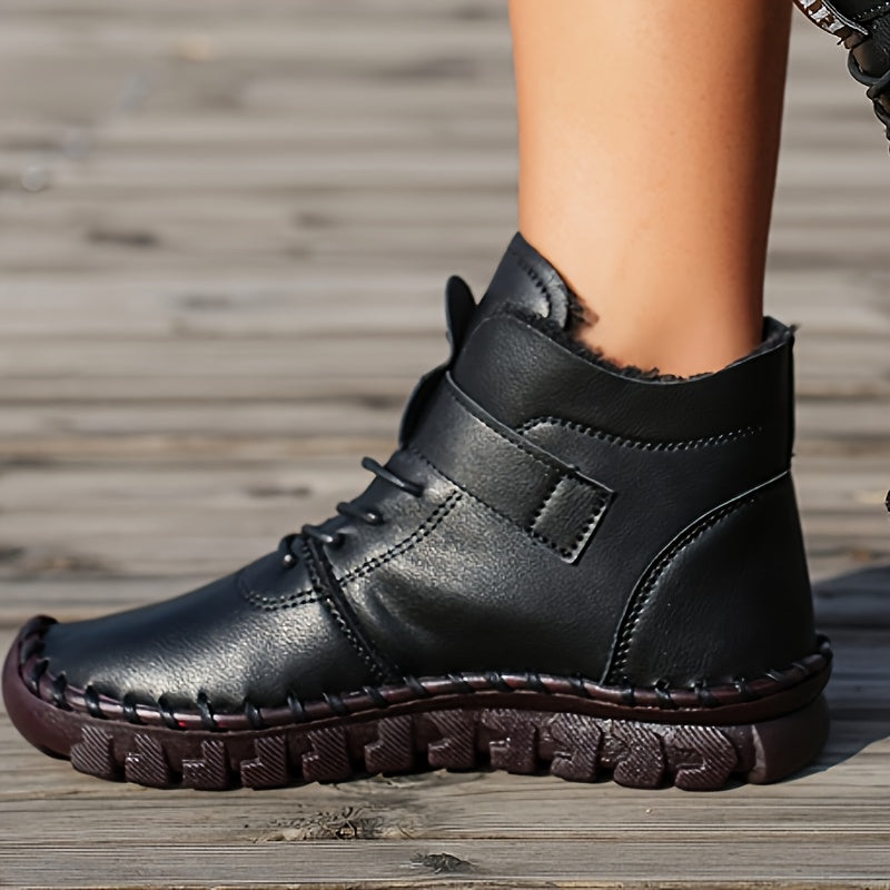 Women's Winter Faux Leather Ankle Boots with Plush Lining and Rubber Sole