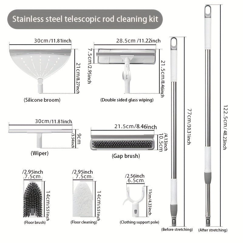Ko'p funktsiyali derazalarni tozalash asbobi, 7 ta cho'tka boshli va shisha chizish uchun scraper bilan