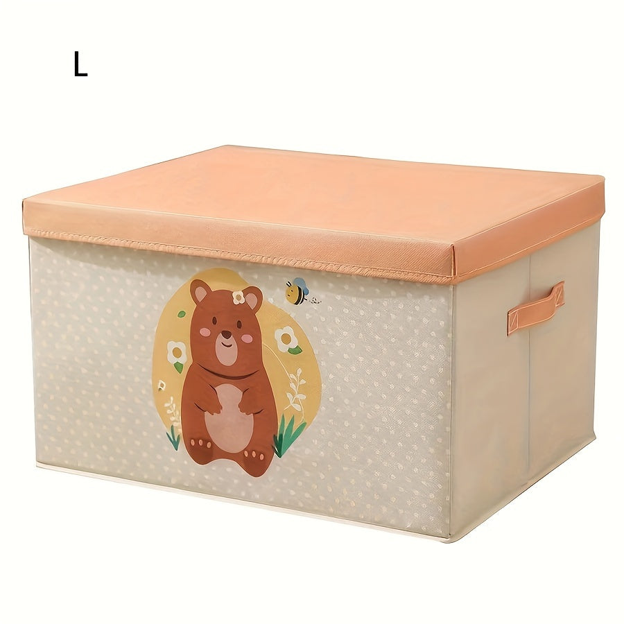 Large Capacity Fabric Storage Box with Lid Cartoon Bear Dog Dustproof Organizer for Clothes Quilts