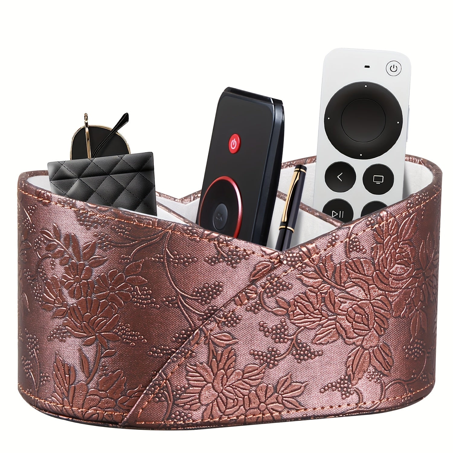 Faux Leather Remote Control Holder with 3 Compartments Birds Nest Design Waterproof Desk Organizer for Makeup Stationery
