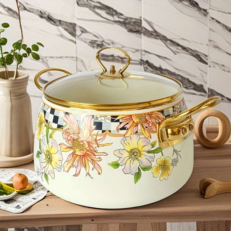 French Daisy Stockpot with Lid Enamel Coating Induction Compatible Floral Design
