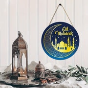 Wooden Wall Decor for Ramadan Eid Celebration Blue and Gold Door Sign