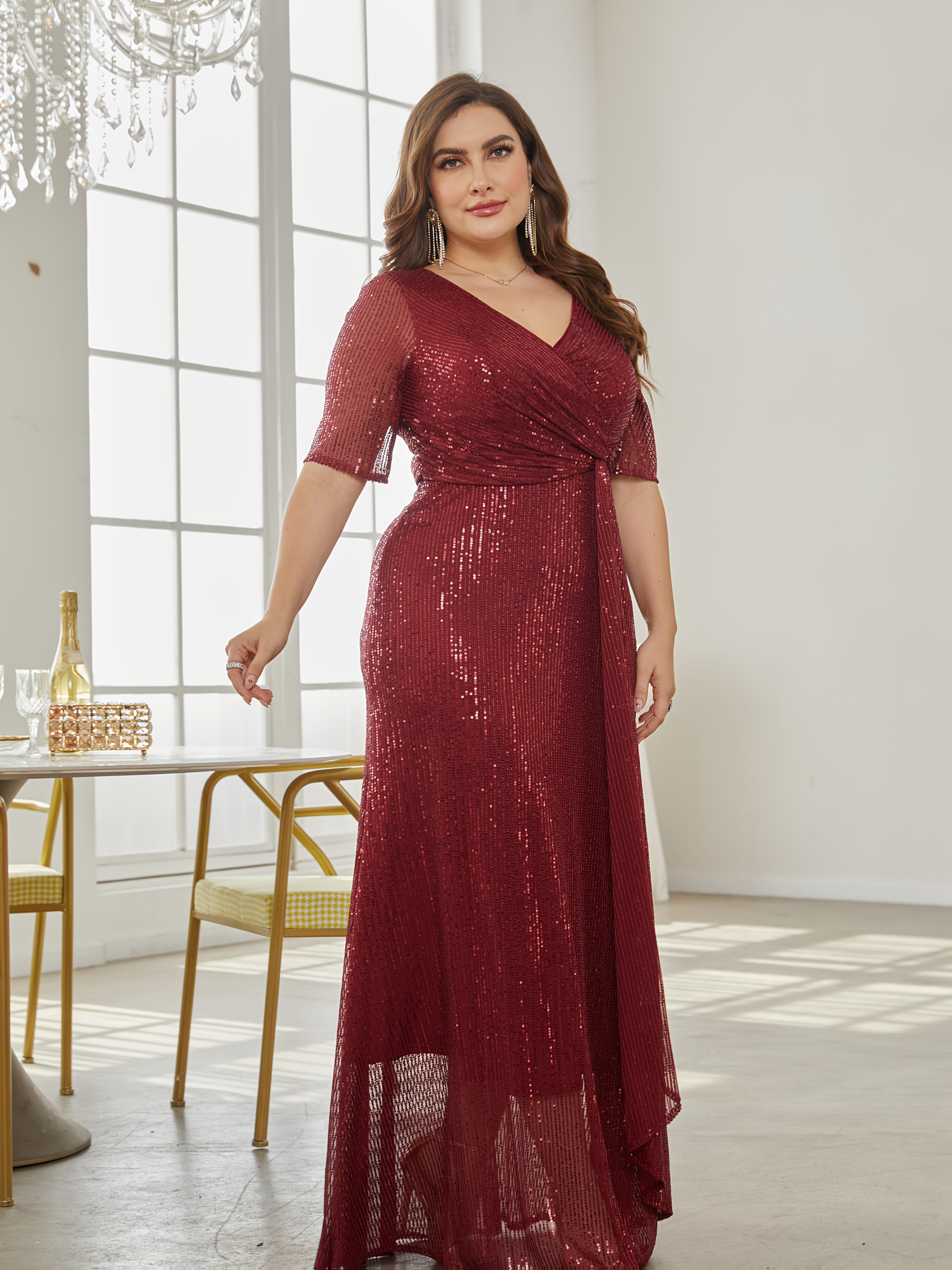 Plus Size Sequin Long Skirt Solid Color Party Dress for Women