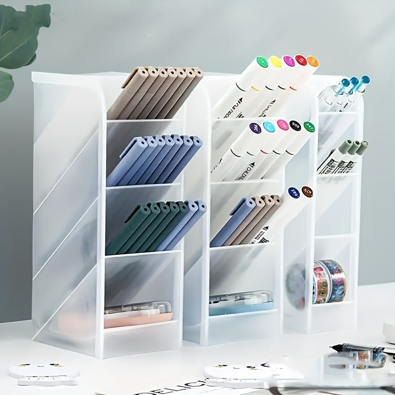 Ko'p funksiyali stol tashkilotchisi, shaffof plastik qalam ushlagichi va muzlatilgan qiyshiq qo'shimcha dizayni bilan. Ofis anjomlari, qalamlar, makiyaj cho'tkalari va lab bo'yoqlari uchun ishlatilishi mumkin. Siqilgan va joyni tejovchi.