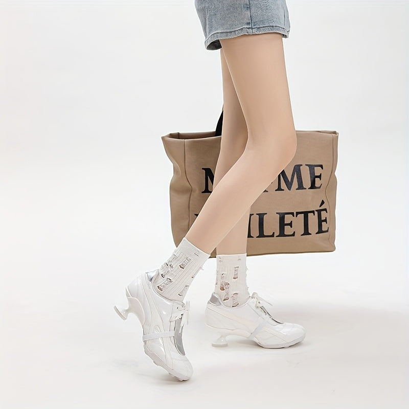 Women's White High Heel Shoes with Lace-Up Closure and Chunky Heel