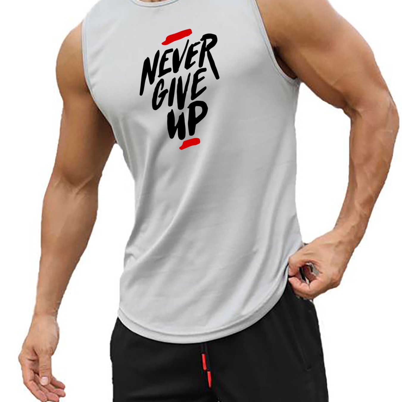 Men's Summer Breathable Polyester Tank Top with "Never Give Up" Print for Workout and Basketball