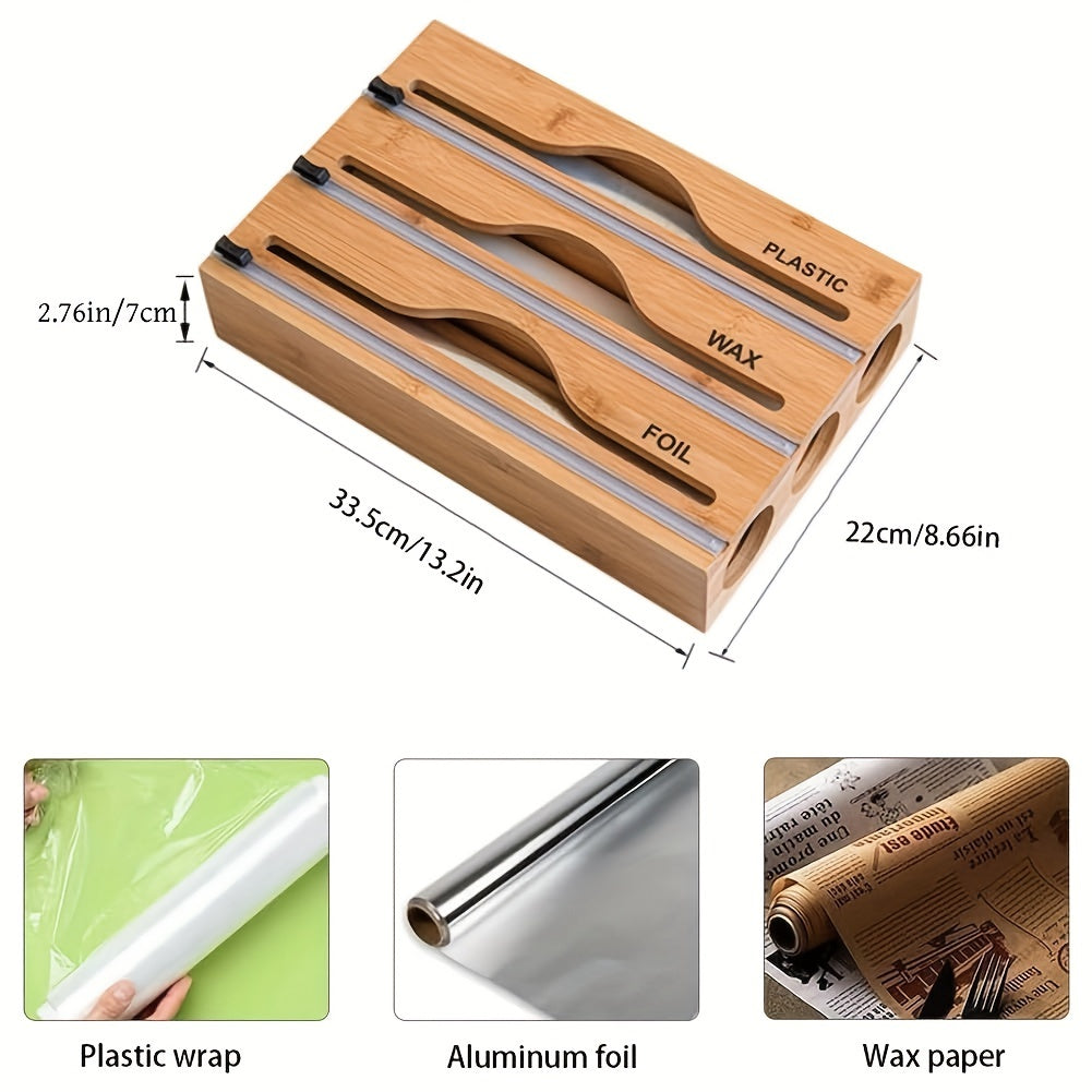 Bamboo Kitchen Organizer for Plastic Wrap Foil and Wax Paper Dispenser