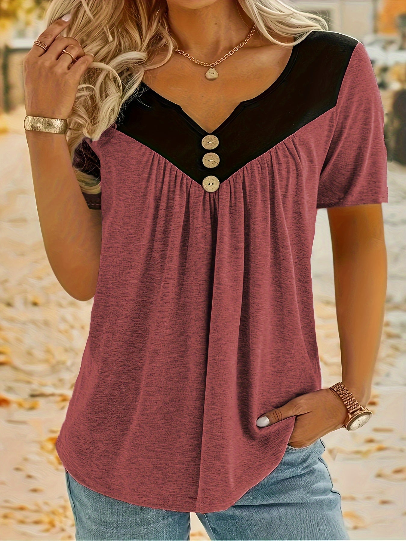 Plus Size Ruched Button Decor Notch Neck Short Sleeve T-Shirt for Women