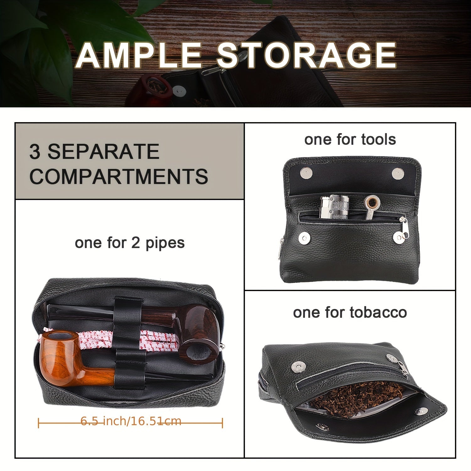 Leather Pipe Pouch Case with Zipper Organizer for 2 Tobacco Pipes