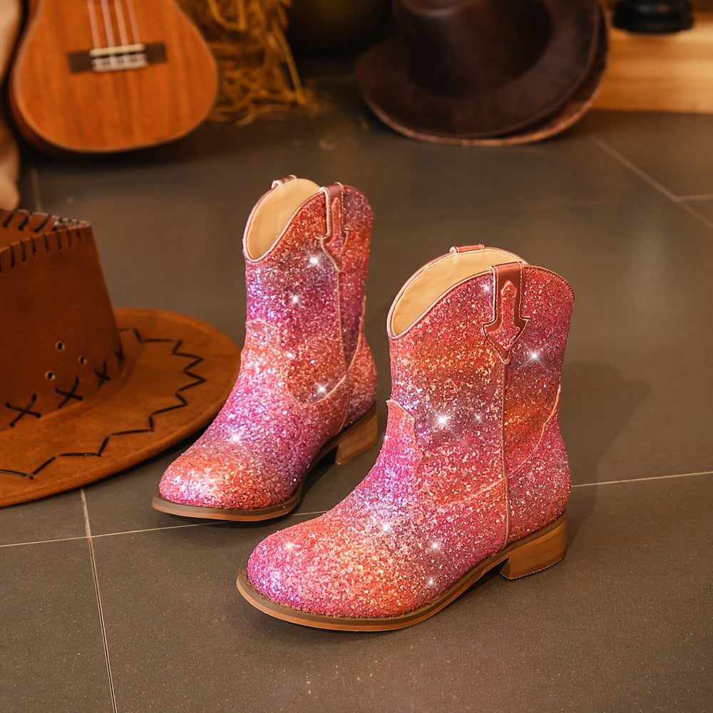 Botas de mezclilla de estilo western con purpurina para niñas, punta cuadrada y suela de goma