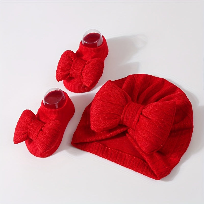 Baby Girl Knit Fleece Bow Hat and Socks Set for Thanksgiving 0-3 Years