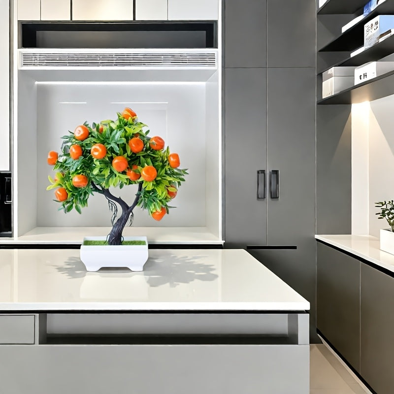 Uy ofis dekoratsiyasi uchun yashil bargli va oq idishli sun'iy apelsin daraxti bonsai