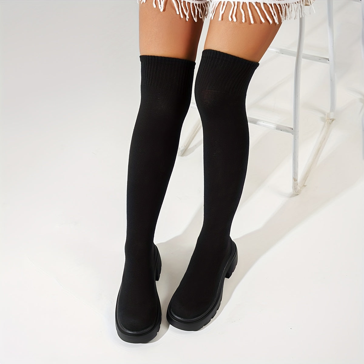 Women Gothic Boots Slip-On Platform Knee-High Chunky Heels for Concerts