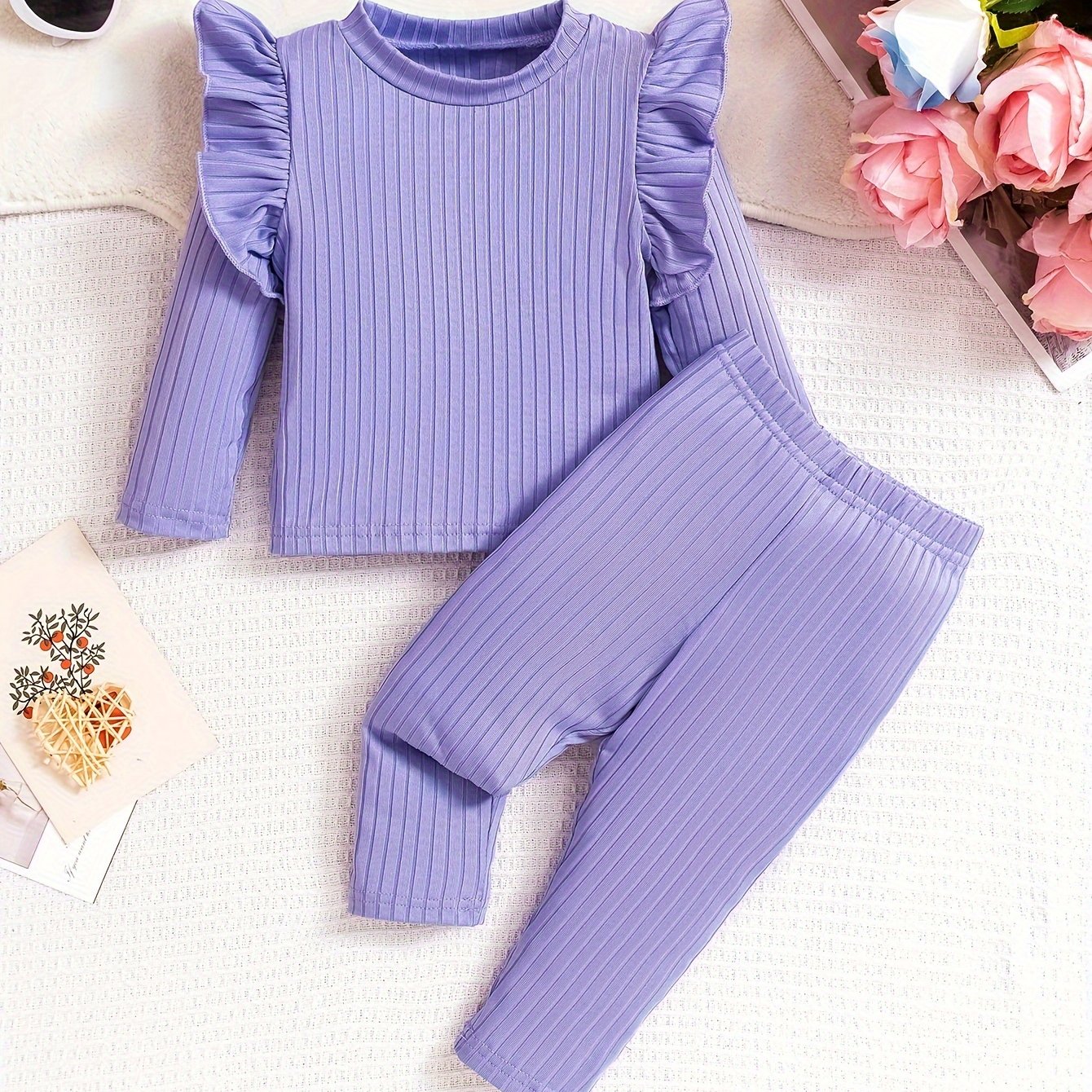 Qizlar uchun bolalar kiyimlari to'plami, uzun qo'lqopli Petal Pink chiziqli kofta va shimlar, kuzgi tashqi faoliyatlar uchun