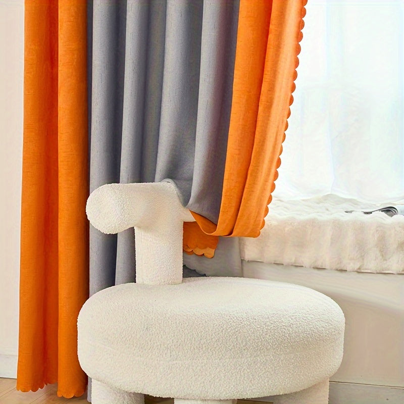 Gray and Orange Jute Patchwork Curtain for Living Room Bedroom 84 Inches