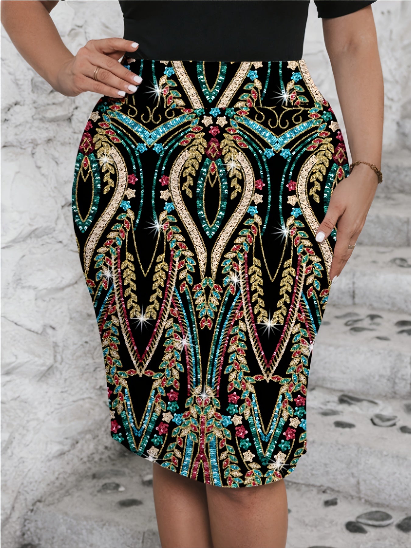 Women's Bodycon Skirt Polyester Elastane Vibrant Geometric Pattern