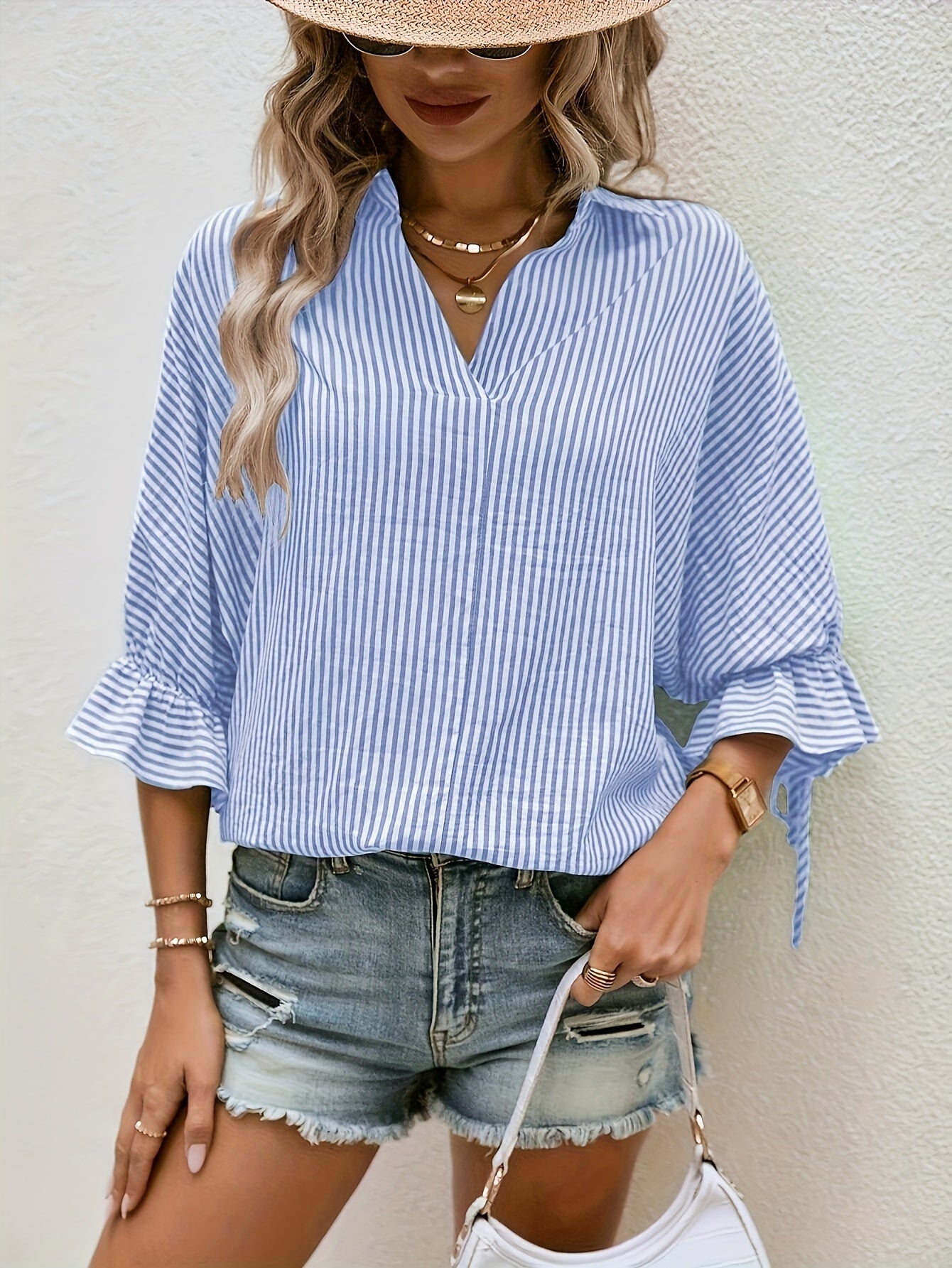 Women's Striped Polyester Shirt V-Neck Casual Spring Summer Fall