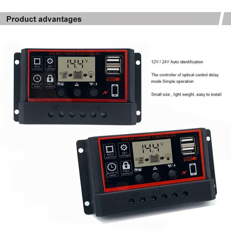 12V/24V солнечный контроллер заряда с ЖК-дисплеем, USB, двойная защита