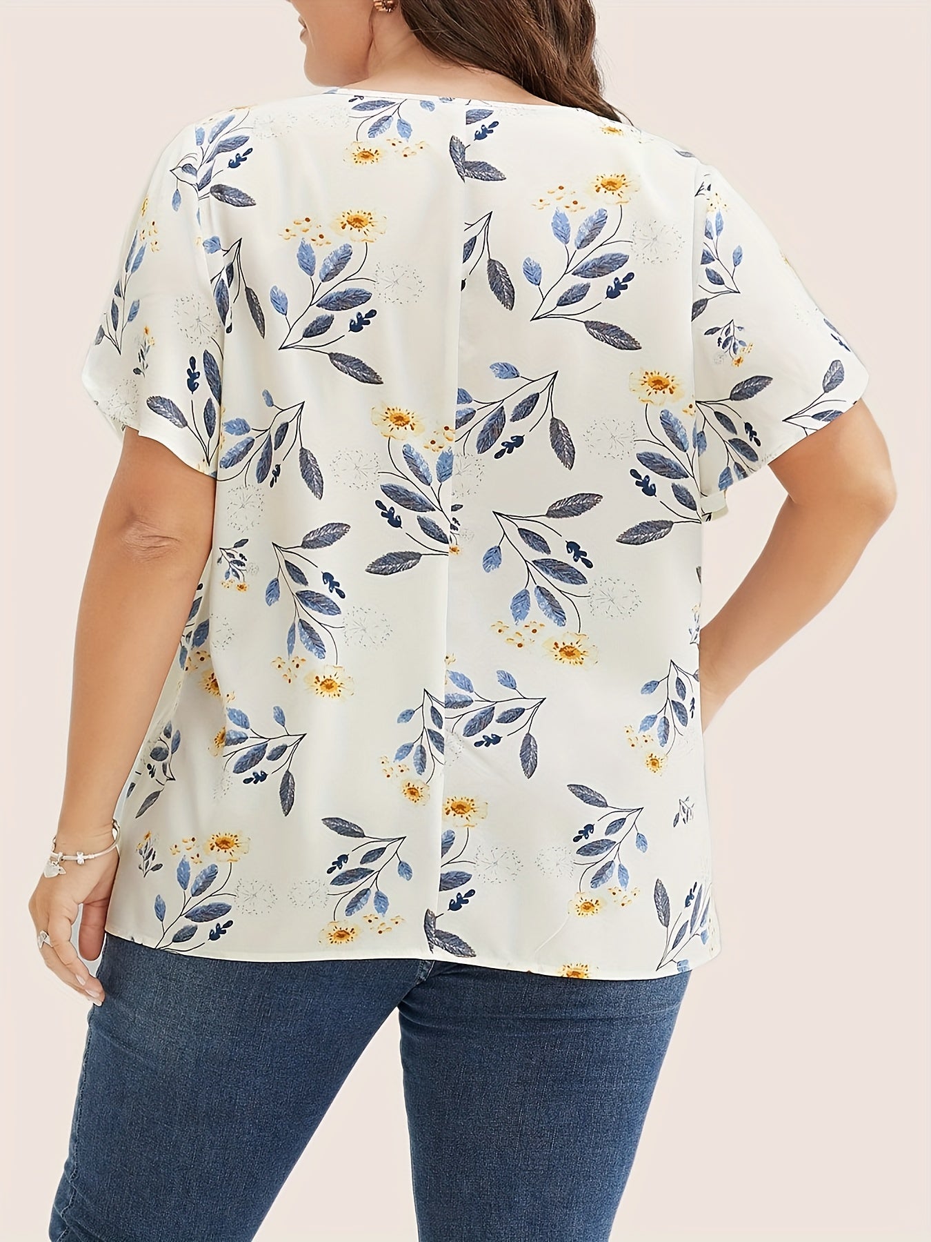 Plus Size Floral Print Blouse Casual V Neck Petal Sleeve Spring Women