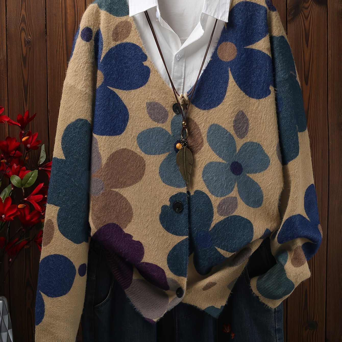 Plus Size Floral Print Button Front Cardigan V Neck Long Sleeve Spring Fall Women's Clothing