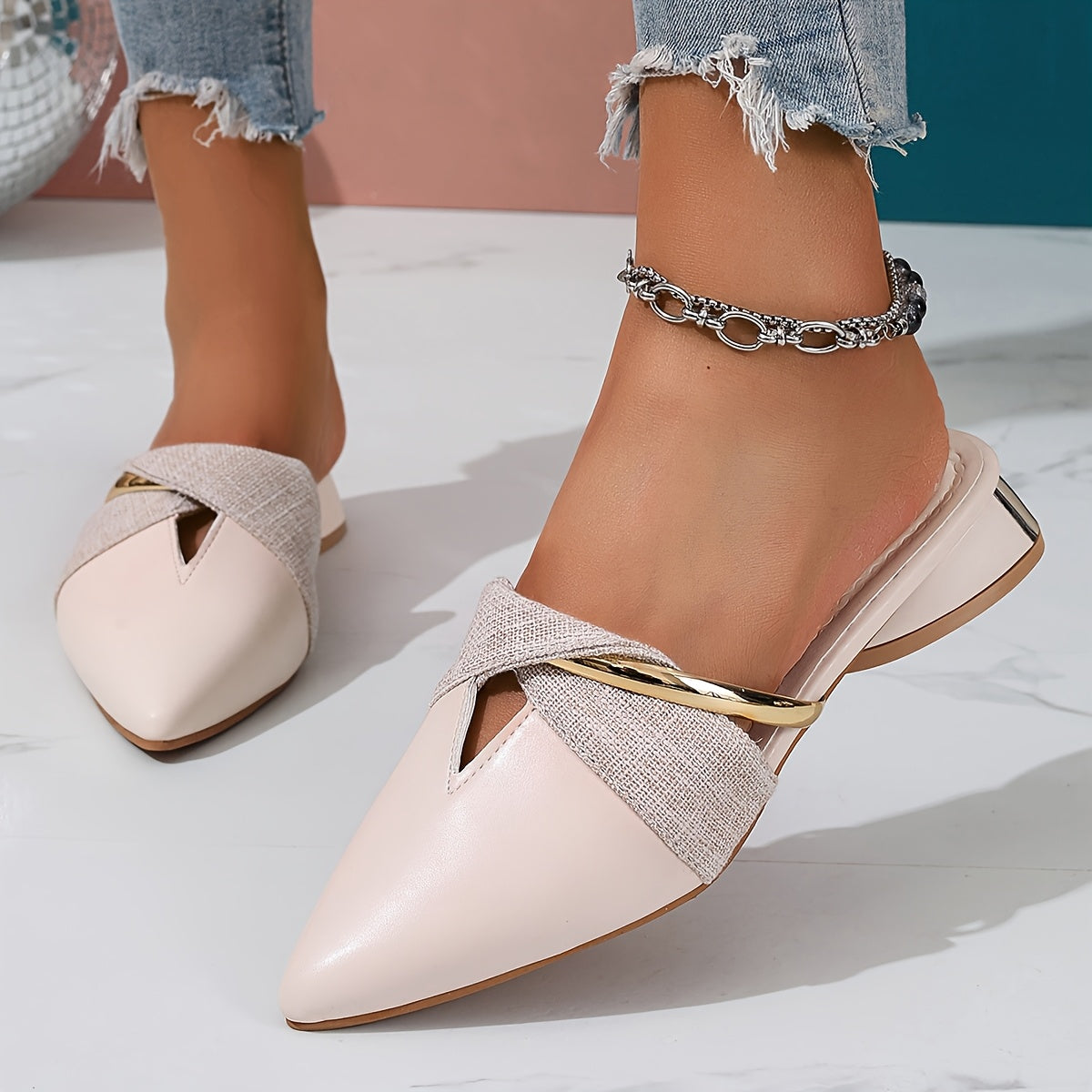 Women's Summer Leather Pointed Toe Sandals with Thick Heel and Support