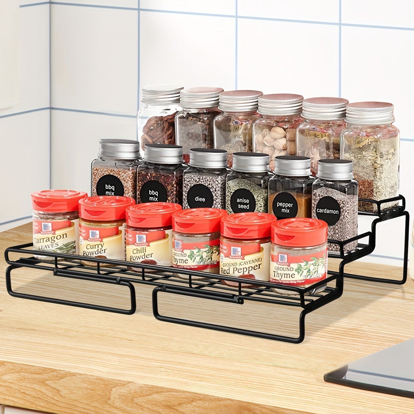 Black Metal Spice Rack Organizer 3-Tier Countertop Storage Shelf