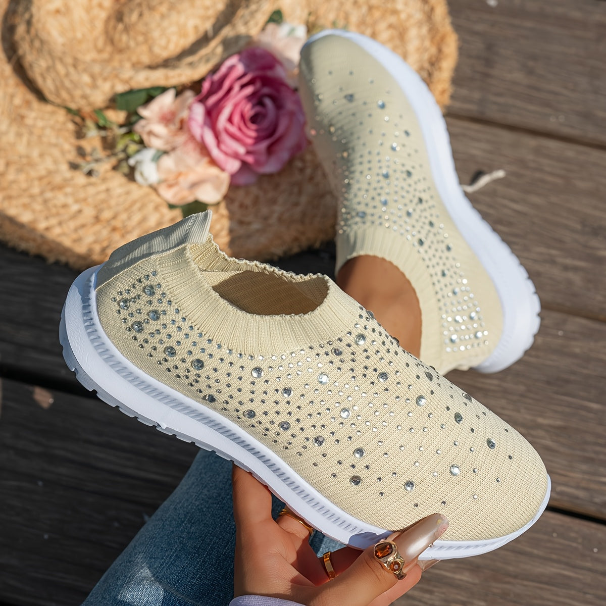 Women's Breathable Slip-On Casual Sneakers with Sparkling Crystal Accents