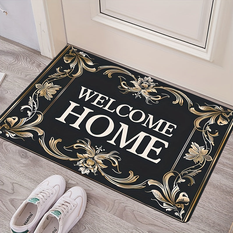 Super Soft Thick Square Carpet Rug with Golden Floral Lace Welcome Pattern Indoor Floor Mat
