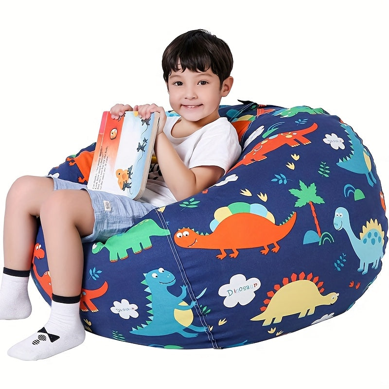 Blue Canvas Dinosaur Print Bean Bag Chair for Kids Toys Storage and Reading Nook