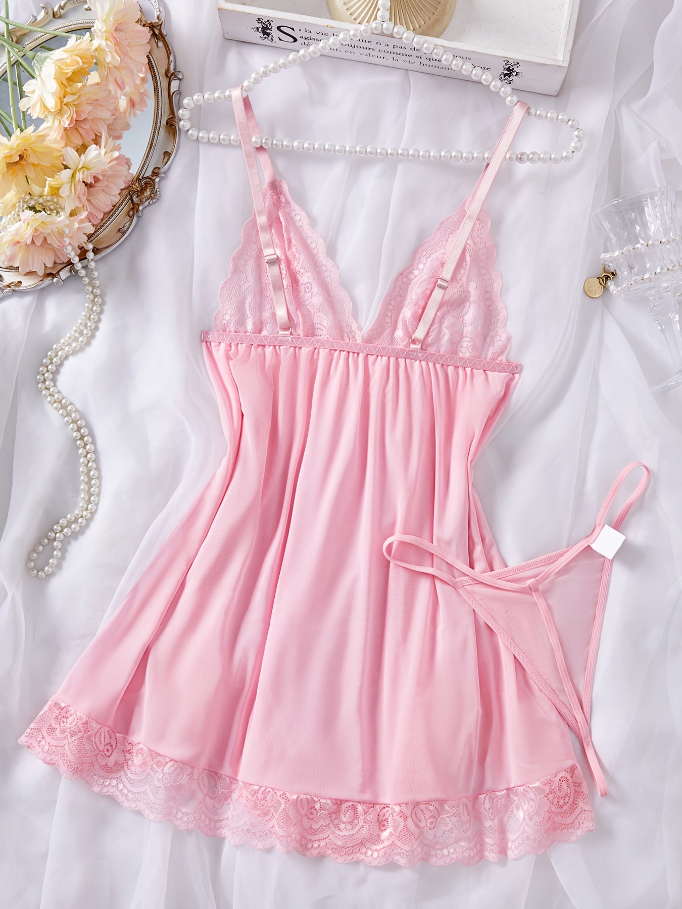 Sheer Lace Slip Dress with V-Neck Shoulder Cutouts and Thong for Women