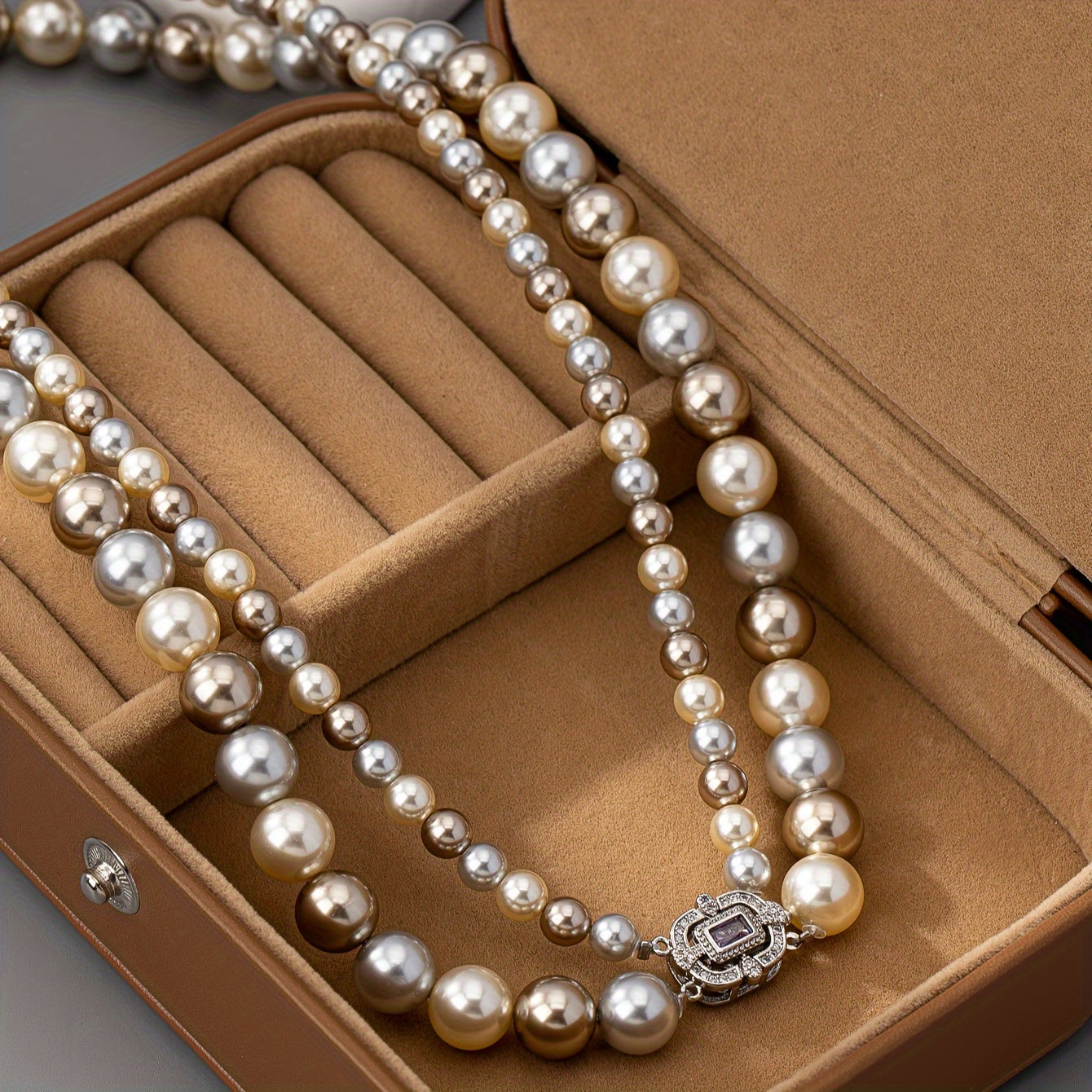 Double Strand Pearl Necklace with 22K Gold Plating and Zirconia Clasp for Weddings and Special Occasions