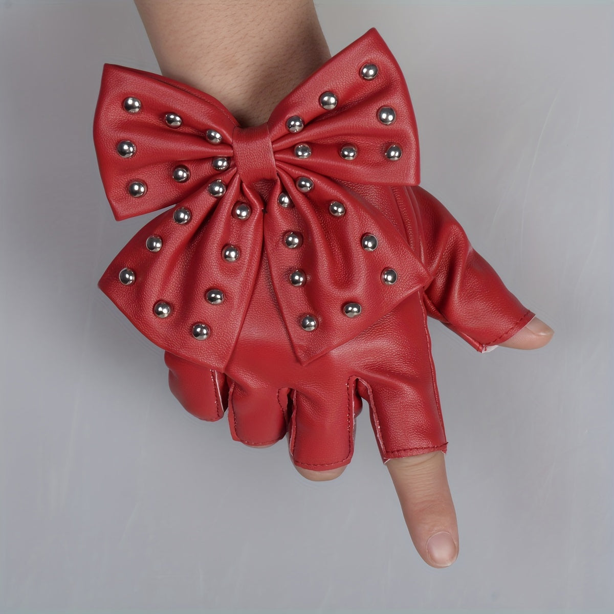 Women's Half Finger Rivet Bow PU Leather Gloves for Punk Dance and Hip Hop