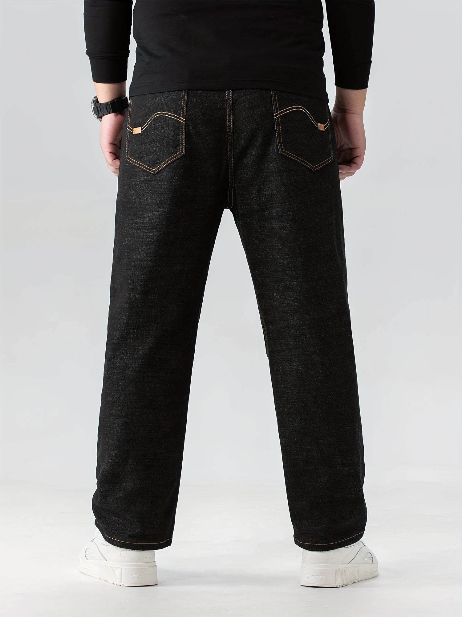 Plus Size Men's Straight Leg Denim Pants Cotton Blend Solid Color Casual Business Wear