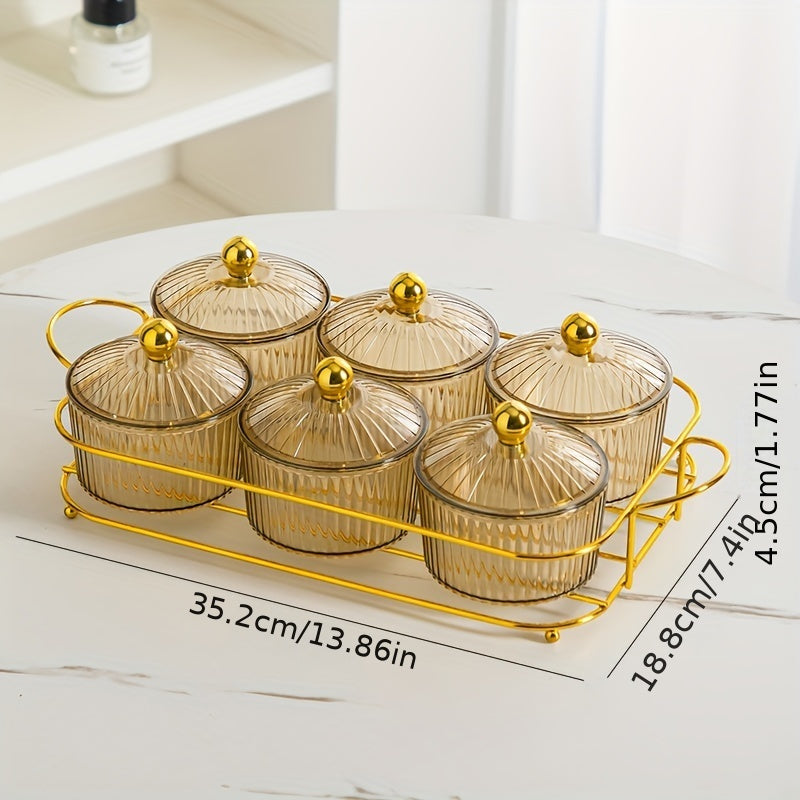 Elegant Plastic Snack Serving Set with Lids on Gold Tray for Dried Fruits and Candies
