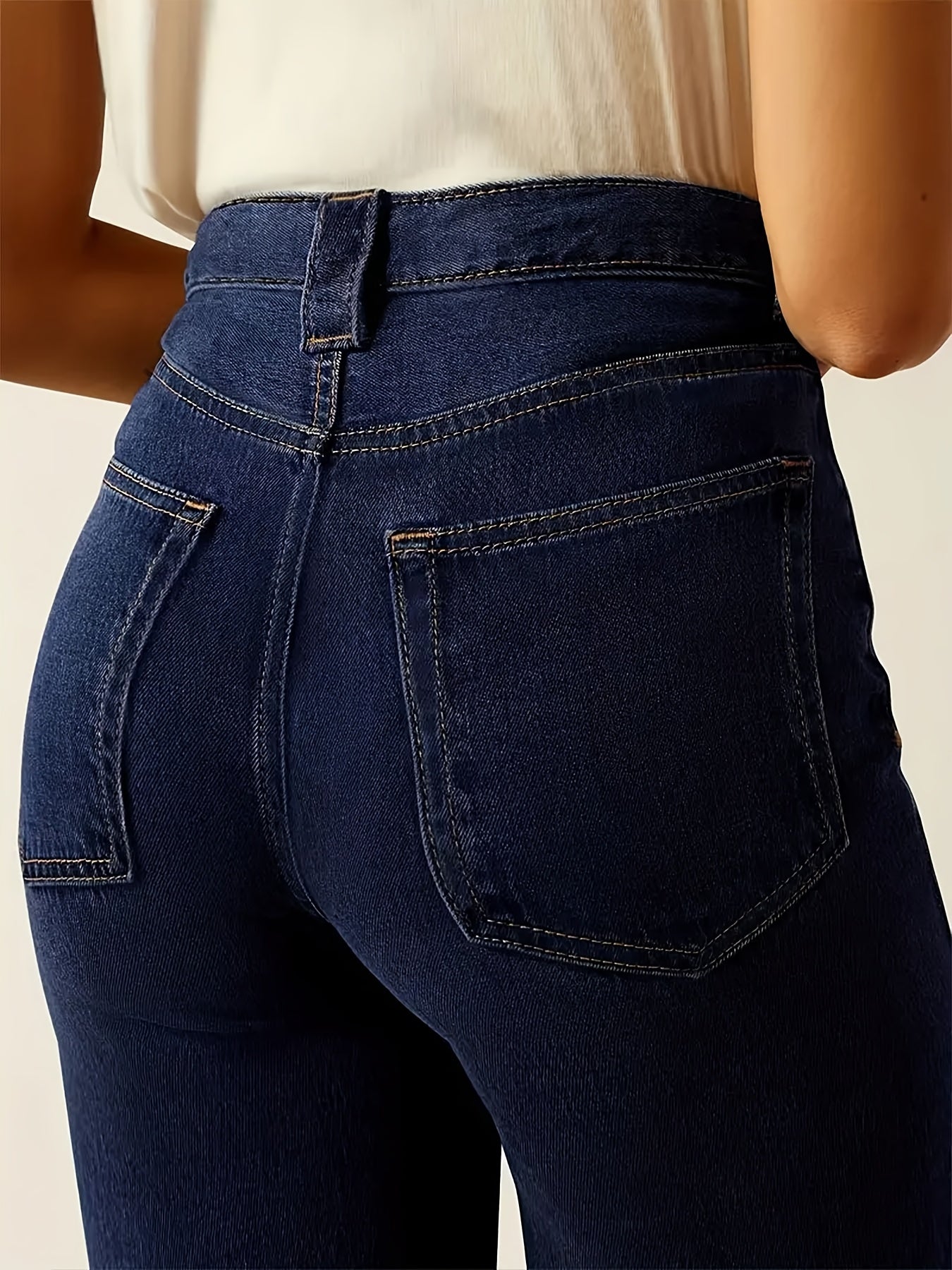Pantalones de mezclilla azul oscuro para mujer con pierna recta elástica y corte ancho para todas las estaciones