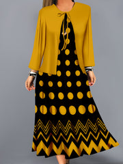 Plus-Size Women's Dress Set Solid Color Coat and Polka Dot Midi Dress Stretchy Machine Washable