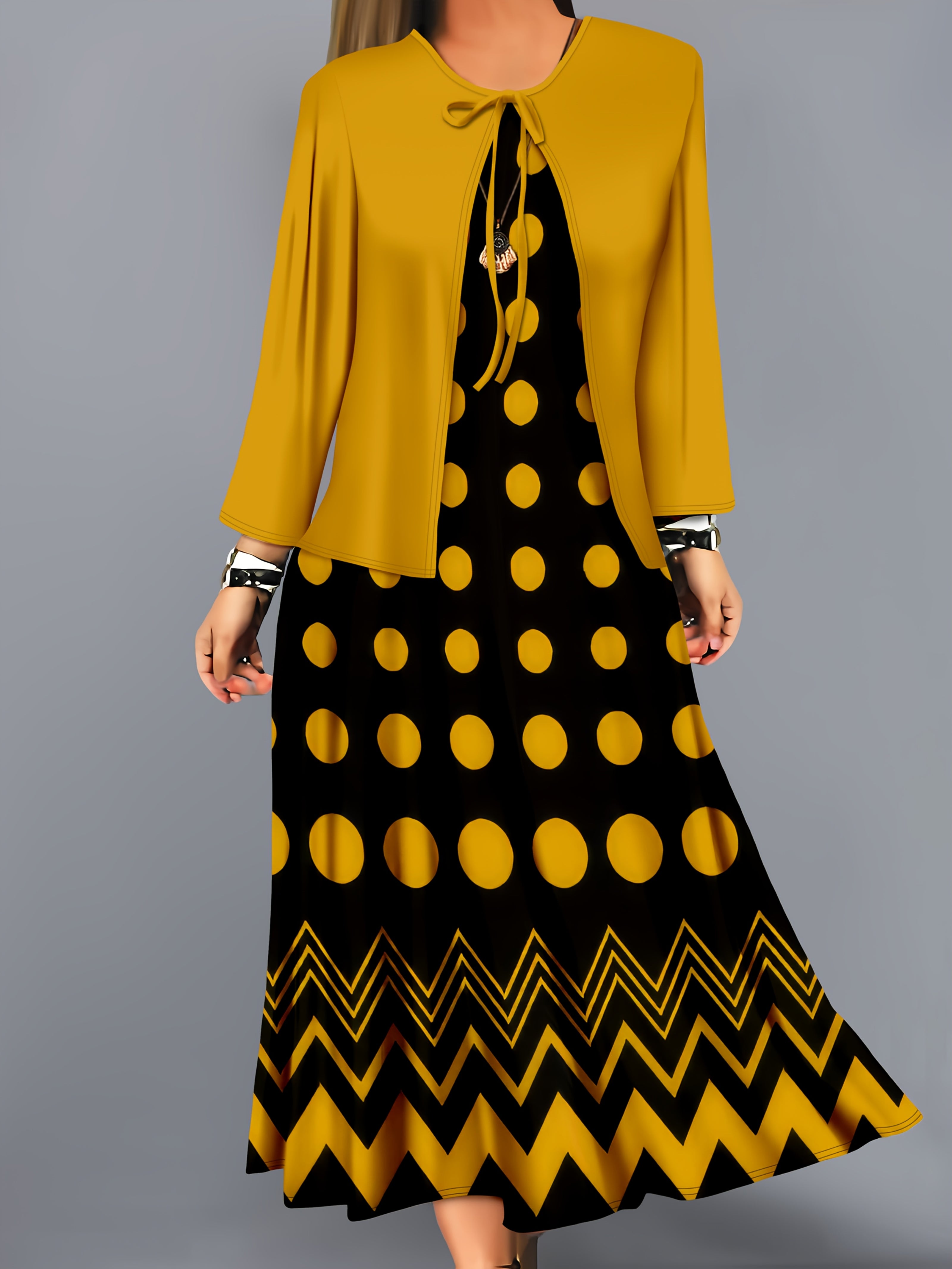 Plus-Size Women's Dress Set Solid Color Coat and Polka Dot Midi Dress Stretchy Machine Washable