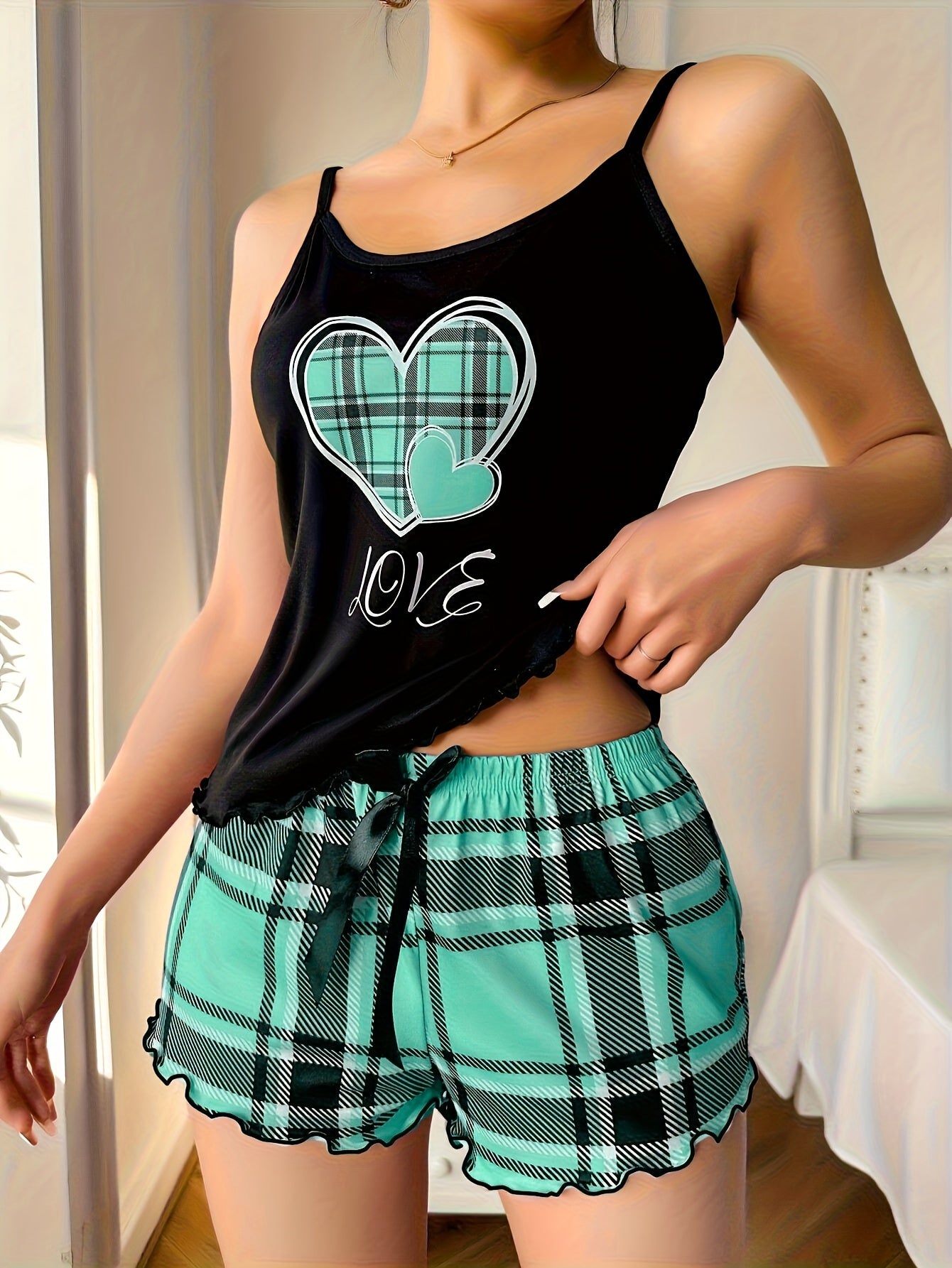 Women's Plaid Heart Pajama Set with Frill Trim Cami Top and Shorts for Summer Nightwear