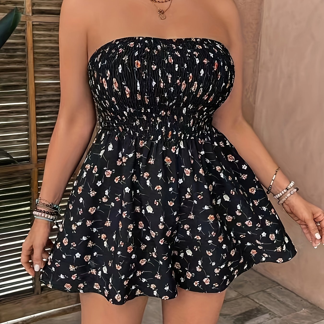 Women's Plus Size Black Floral Sleeveless Jumpsuit Off-Shoulder Casual Summer