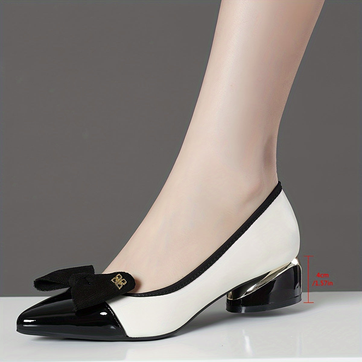 Women's Chunky Block Heel Shoes with Bowknot Decor Pointed Toe Slip-On Dress Pumps